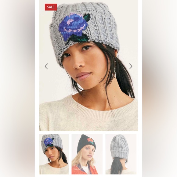 NWT Free People Everything Rosy Beanie Grey with Blue Purple Embroidery Flower - Picture 3 of 10